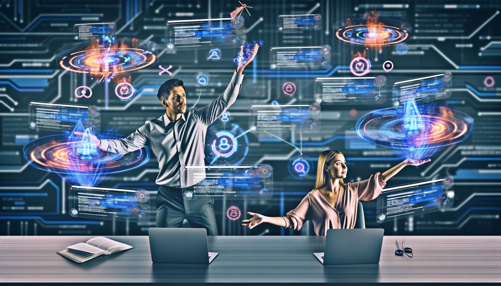Digitaler Marketer jongliert Code-Snippets, Browserfenster mit Analysen und Cookie-Bannern in einem modernen Büro mit blauen Datenströmen und Tealium iQ Oberfläche.