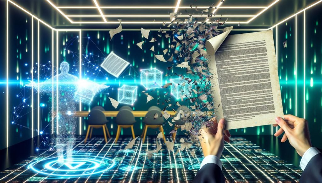 Abstrakter Maschinenraum mit transparenten Datenströmen, zerfallenden Papierverträgen und wachsendem Smart Contract-Code, im Vordergrund eine Person mit sich verwandelnden Dokumenten, sowie ein kleiner Fehler im Code.