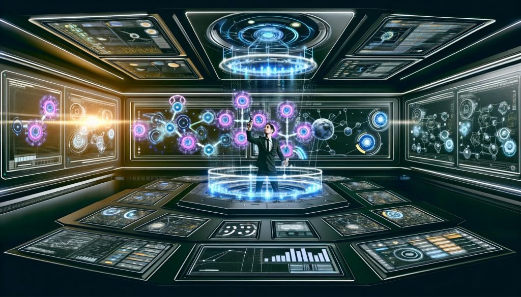 Futuristischer Kontrollraum mit digitalen Dashboards, holographischen Amazon Ads Daten & digitaler Marketerin vor einer modernen Benutzeroberfläche.