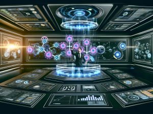 Futuristischer Kontrollraum mit digitalen Dashboards, holographischen Amazon Ads Daten & digitaler Marketerin vor einer modernen Benutzeroberfläche.