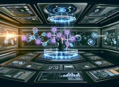 Futuristischer Kontrollraum mit digitalen Dashboards, holographischen Amazon Ads Daten & digitaler Marketerin vor einer modernen Benutzeroberfläche.