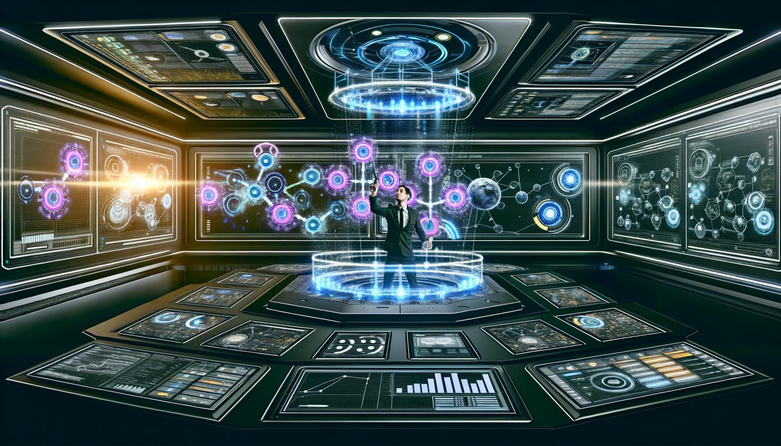 Futuristischer Kontrollraum mit digitalen Dashboards, holographischen Amazon Ads Daten & digitaler Marketerin vor einer modernen Benutzeroberfläche.