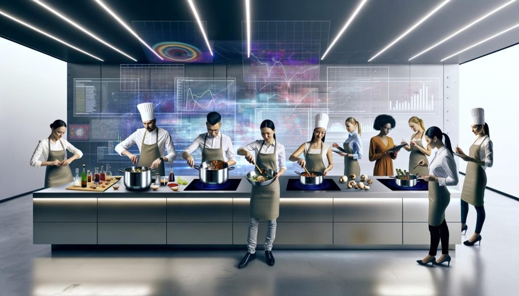 Marketing-Experten mit Kochmützen analysieren Daten und kochen gemeinsam in einer modernen, minimalistischen Küche mit digitalen Dashboards und Umami-Zutaten.