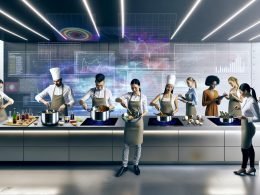 Marketing-Experten mit Kochmützen analysieren Daten und kochen gemeinsam in einer modernen, minimalistischen Küche mit digitalen Dashboards und Umami-Zutaten.