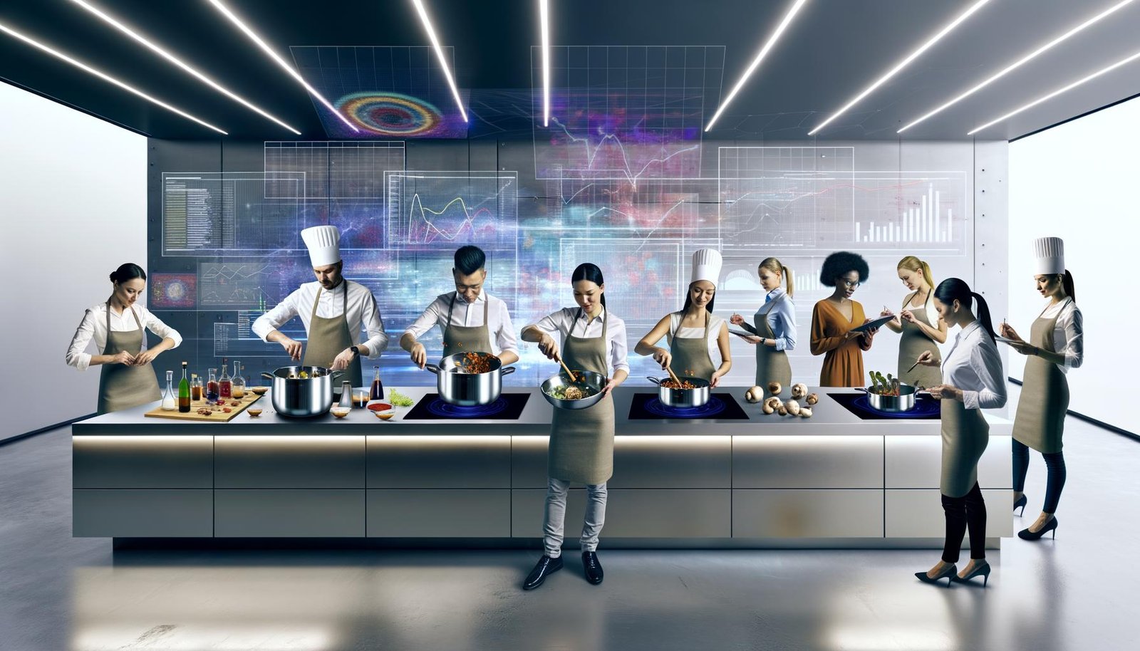 Marketing-Experten mit Kochmützen analysieren Daten und kochen gemeinsam in einer modernen, minimalistischen Küche mit digitalen Dashboards und Umami-Zutaten.