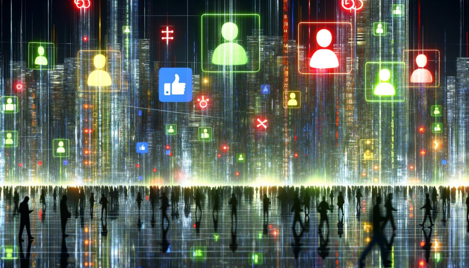 Digital wirkende Großstadtszene bei Nacht mit transparenten Datenströmen und Matrix-Zahlen, Social-Icons und leuchtenden Scores über Menschen als Schattenrisse