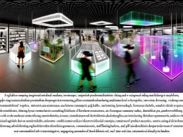 Futuristische VR-Shoppinglandschaft bei Amazon mit Usern in Headsets, schwebenden Produktregalen, 3D-Artikeln und eingebetteten Werbeanzeigen in heller, digitaler Umgebung