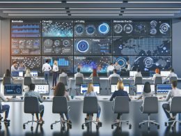 Marketing-Profis analysieren Daten auf großen interaktiven Bildschirmen in einem modernen Büro mit farbigen Akzenten, Datenvisualisierungen, KPIs und Automatisierungsprozessen.