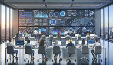 Marketing-Profis analysieren Daten auf großen interaktiven Bildschirmen in einem modernen Büro mit farbigen Akzenten, Datenvisualisierungen, KPIs und Automatisierungsprozessen.