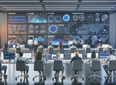 Marketing-Profis analysieren Daten auf großen interaktiven Bildschirmen in einem modernen Büro mit farbigen Akzenten, Datenvisualisierungen, KPIs und Automatisierungsprozessen.