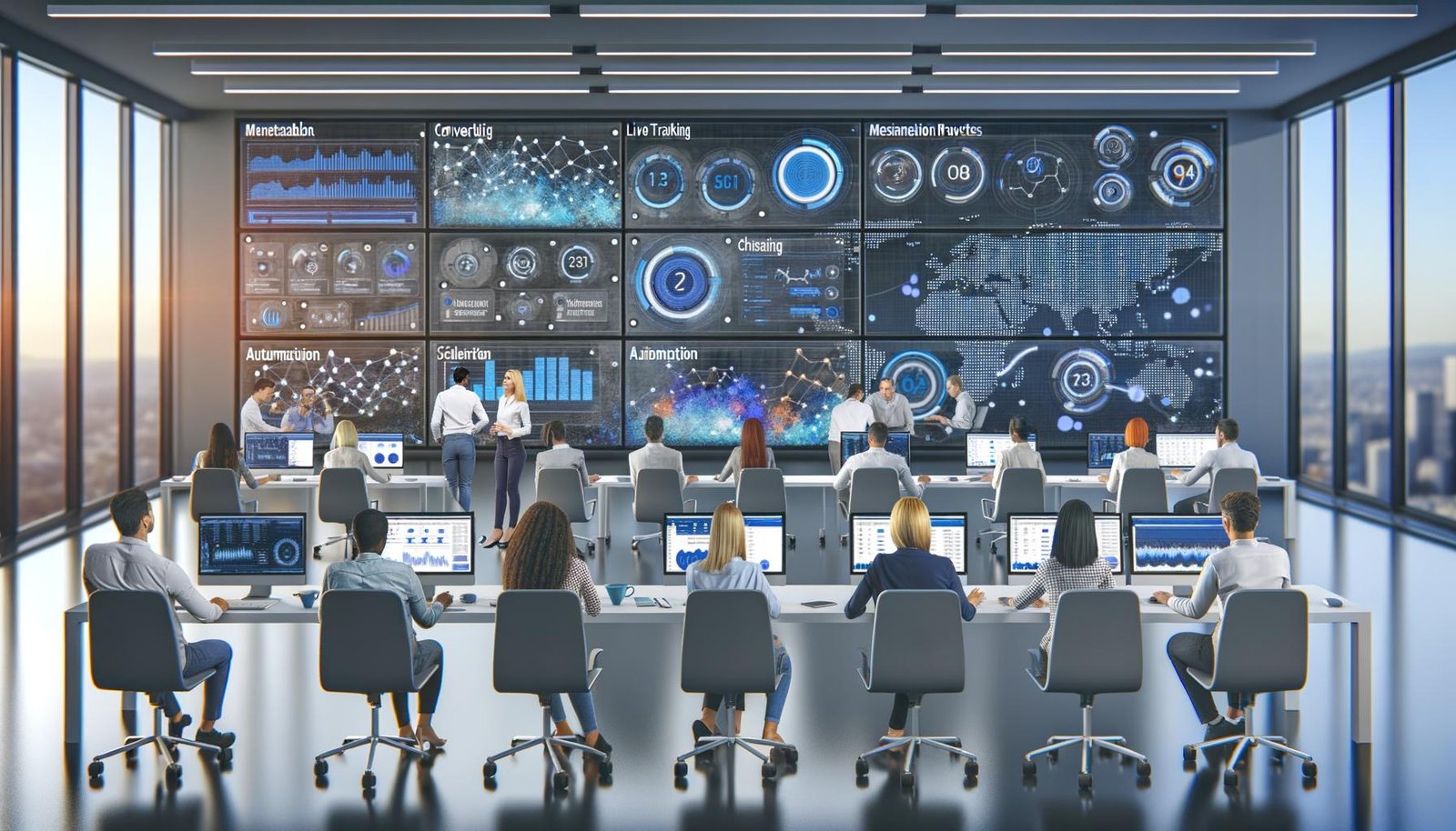 Marketing-Profis analysieren Daten auf großen interaktiven Bildschirmen in einem modernen Büro mit farbigen Akzenten, Datenvisualisierungen, KPIs und Automatisierungsprozessen.
