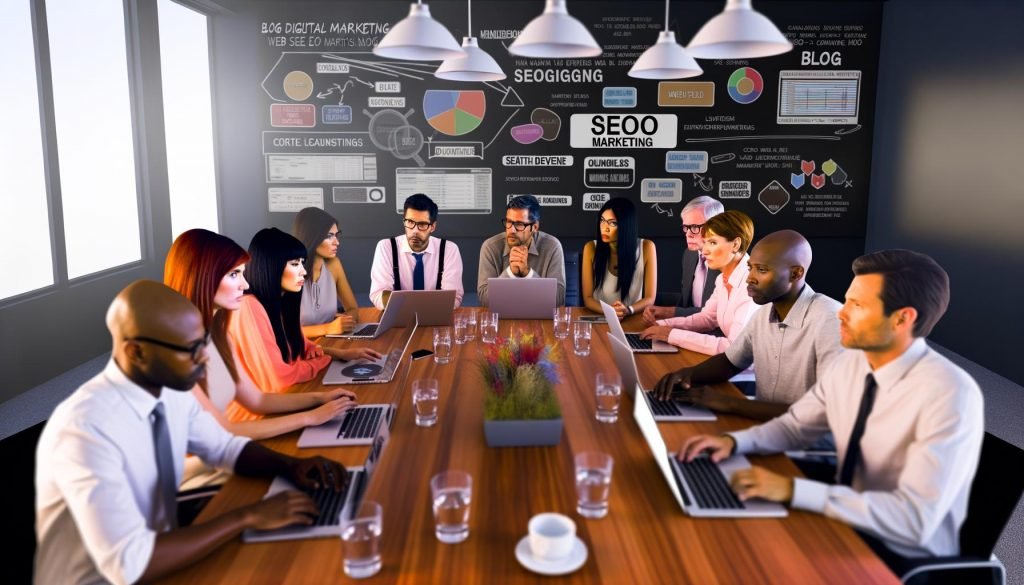 Marketing- und Bloggerteam im modernen Büro analysiert SEO-Daten an Laptops und großen Bildschirmen, mit Strategie-Charts und digitalen Grafiken zu Suchmaschinen und Core Web Vitals.