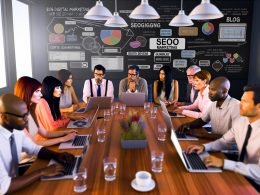 Marketing- und Bloggerteam im modernen Büro analysiert SEO-Daten an Laptops und großen Bildschirmen, mit Strategie-Charts und digitalen Grafiken zu Suchmaschinen und Core Web Vitals.