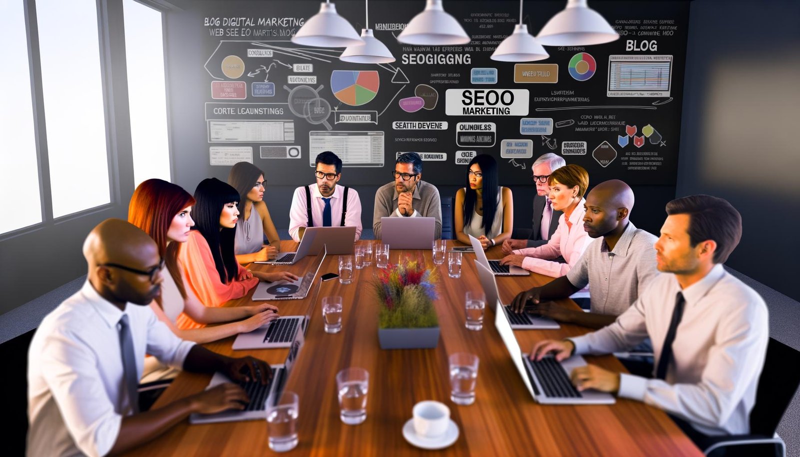 Marketing- und Bloggerteam im modernen Büro analysiert SEO-Daten an Laptops und großen Bildschirmen, mit Strategie-Charts und digitalen Grafiken zu Suchmaschinen und Core Web Vitals.