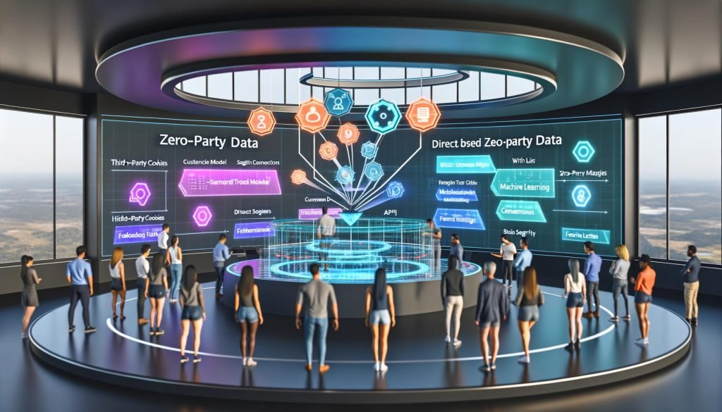 Amazon Marketing Dashboard mit diversen Marketern, die lebendige Datenvisualisierungen zu Zero-Party Data, API-Verbindungen und maschinellem Lernen analysieren. Im Hintergrund holografische Diagramme zur Umstellung von Third-Party Cookies auf Zero-Party Data.