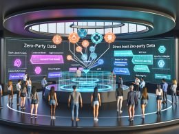 Amazon Marketing Dashboard mit diversen Marketern, die lebendige Datenvisualisierungen zu Zero-Party Data, API-Verbindungen und maschinellem Lernen analysieren. Im Hintergrund holografische Diagramme zur Umstellung von Third-Party Cookies auf Zero-Party Data.