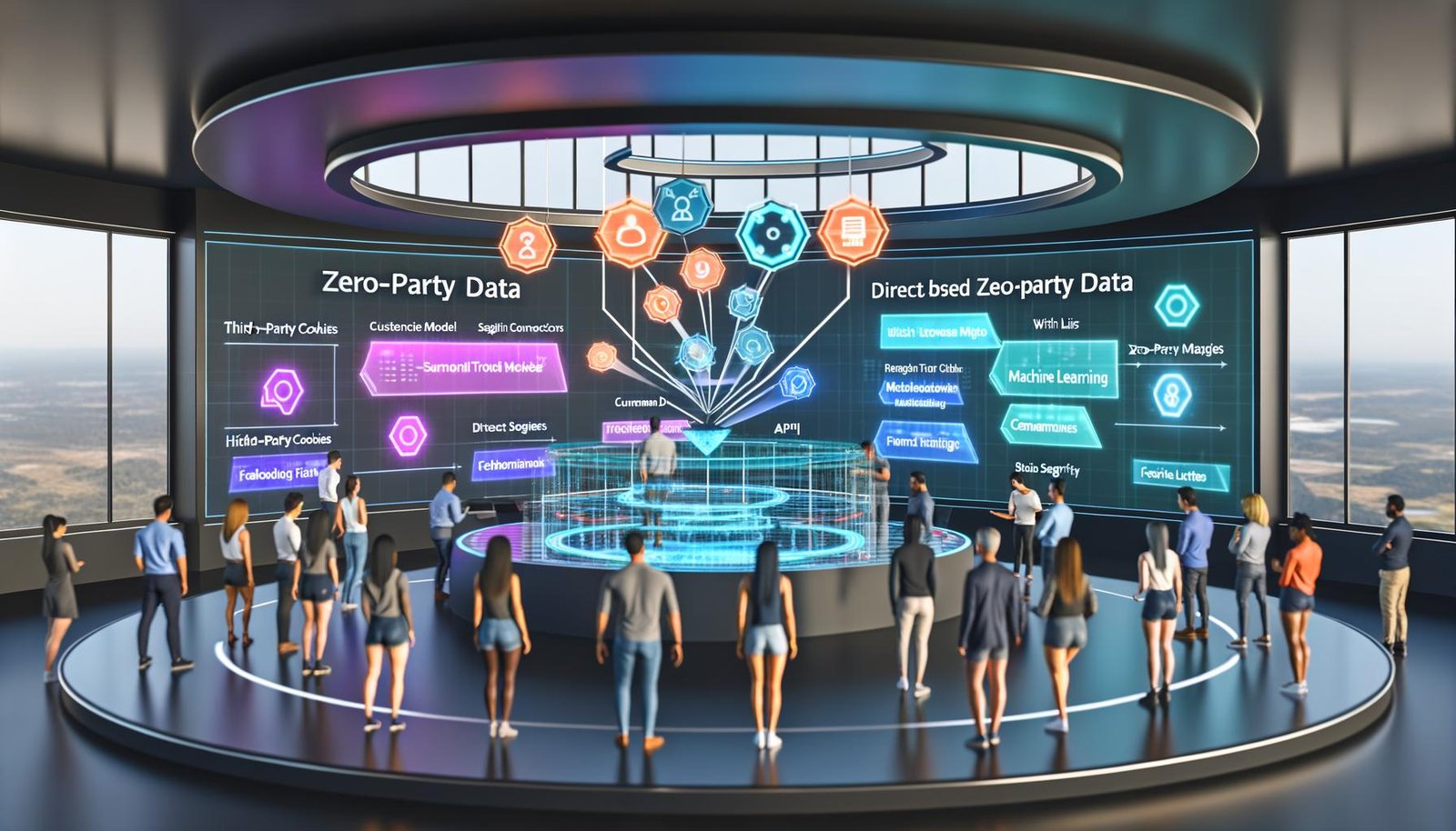 Amazon Marketing Dashboard mit diversen Marketern, die lebendige Datenvisualisierungen zu Zero-Party Data, API-Verbindungen und maschinellem Lernen analysieren. Im Hintergrund holografische Diagramme zur Umstellung von Third-Party Cookies auf Zero-Party Data.