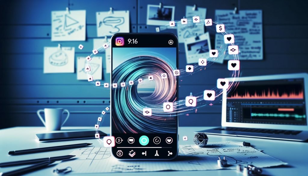 Hochmodernes Social-Media-Motiv im 9:16-Format mit Instagram Reel Endlos-Loop auf Smartphone, umliegenden Engagement- und Algorithmus-Icons, im Hintergrund ein kreativer urbaner Arbeitsplatz.