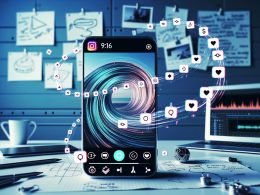 Hochmodernes Social-Media-Motiv im 9:16-Format mit Instagram Reel Endlos-Loop auf Smartphone, umliegenden Engagement- und Algorithmus-Icons, im Hintergrund ein kreativer urbaner Arbeitsplatz.