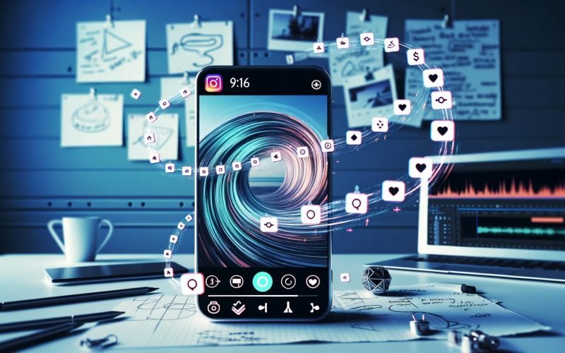 Hochmodernes Social-Media-Motiv im 9:16-Format mit Instagram Reel Endlos-Loop auf Smartphone, umliegenden Engagement- und Algorithmus-Icons, im Hintergrund ein kreativer urbaner Arbeitsplatz.