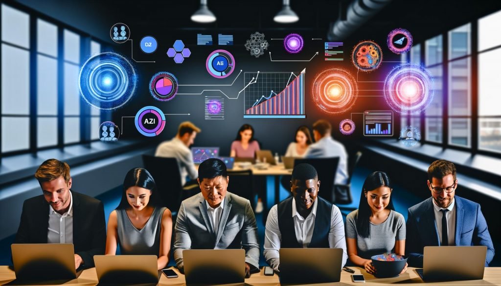 Modernes Büro mit vier Kolleg:innen vor digitalen Dashboards, bunten Datenströmen, Marketing- und Conversion-Statistiken sowie KI- und Analytics-Symbolen im Hintergrund