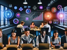 Modernes Büro mit vier Kolleg:innen vor digitalen Dashboards, bunten Datenströmen, Marketing- und Conversion-Statistiken sowie KI- und Analytics-Symbolen im Hintergrund