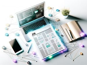 Moderne Schreibtisch-Szene mit Laptop, Dashboard, Tool-Icons, Datenverbindungen, JSON-Payload und Webhook-Icons auf weißem Hintergrund.