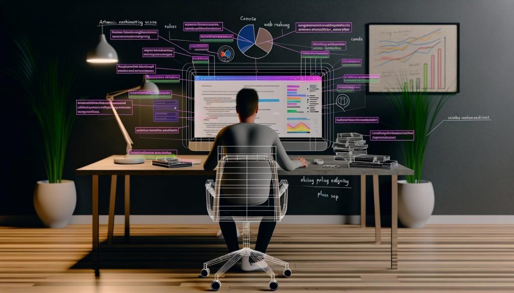 WordPress-Nutzer vor modernem Arbeitsplatz mit offenem SEO-Plugin-Dashboard, umgeben von Notizen und Ranking-Diagrammen, die den Aufwand für erfolgreiche SEO zeigen