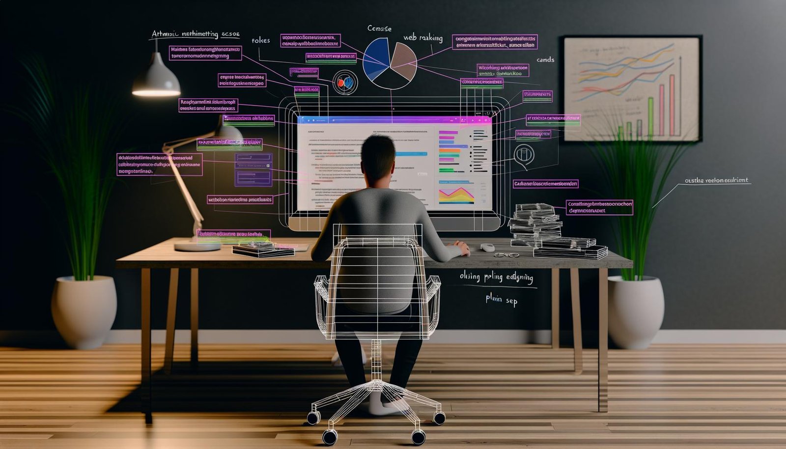 WordPress-Nutzer vor modernem Arbeitsplatz mit offenem SEO-Plugin-Dashboard, umgeben von Notizen und Ranking-Diagrammen, die den Aufwand für erfolgreiche SEO zeigen