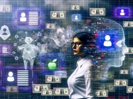 Illustration eines Marketing-Profis vor einem digitalen Dashboard mit Apple News Ads-Symbolen, KI-Mustern, Sicherheitswarnungen und Betrugselementen wie Clickbots und falschen Impressionen.