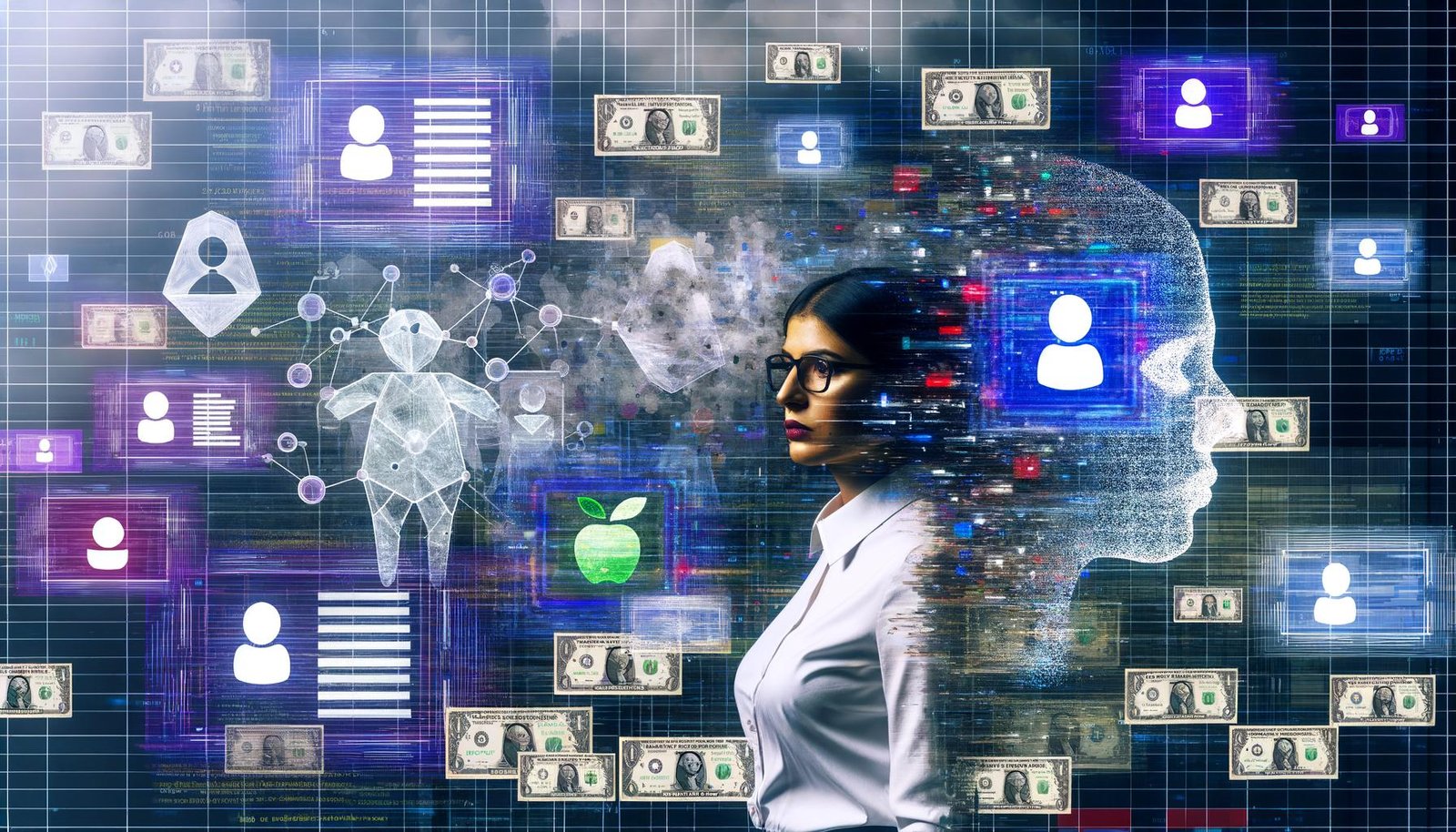 Illustration eines Marketing-Profis vor einem digitalen Dashboard mit Apple News Ads-Symbolen, KI-Mustern, Sicherheitswarnungen und Betrugselementen wie Clickbots und falschen Impressionen.