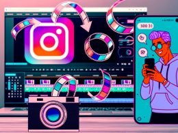 Smartphone mit Instagram-Reels in Endlosschleifen, Creator mit Kamera und aufgeklapptem Notebook mit Videoschnitt-Software, energetische Farbverläufe und Hashtags im Hintergrund