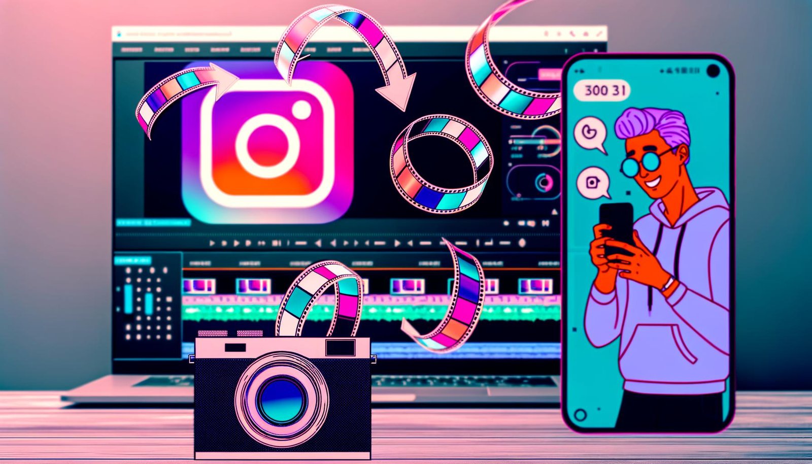 Smartphone mit Instagram-Reels in Endlosschleifen, Creator mit Kamera und aufgeklapptem Notebook mit Videoschnitt-Software, energetische Farbverläufe und Hashtags im Hintergrund