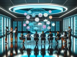 Futuristisches Büro mit Marketing-Teams um ein transparentes, schwebendes Datendashboard, bunte Diagramme und Datenflüsse, im Hintergrund beleuchtete Serverracks.