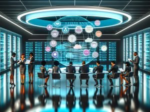 Futuristisches Büro mit Marketing-Teams um ein transparentes, schwebendes Datendashboard, bunte Diagramme und Datenflüsse, im Hintergrund beleuchtete Serverracks.