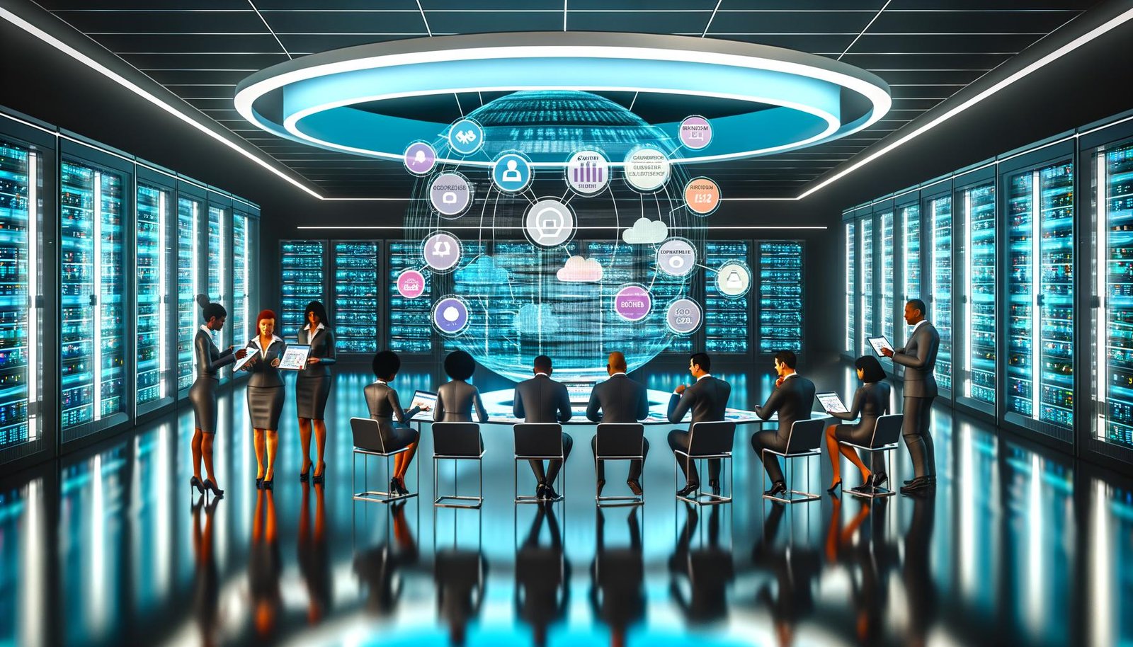 Futuristisches Büro mit Marketing-Teams um ein transparentes, schwebendes Datendashboard, bunte Diagramme und Datenflüsse, im Hintergrund beleuchtete Serverracks.