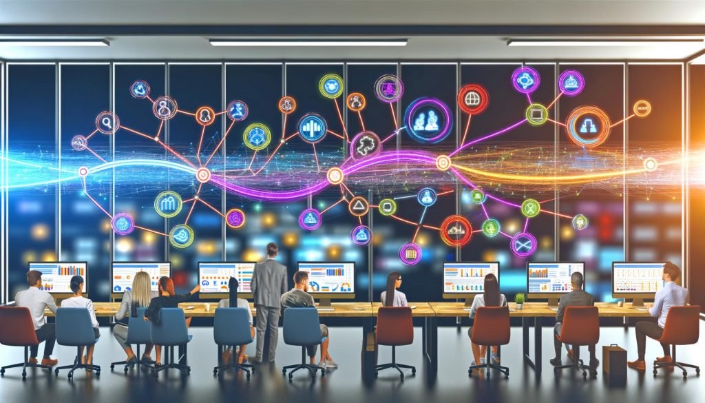 Dynamischer Arbeitsplatz mit vielfältigem Team vor digitalen Dashboards, die Echtzeit-Datenflüsse, Konversionen und Automatisierungen anzeigen