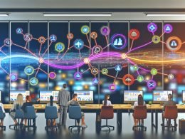Dynamischer Arbeitsplatz mit vielfältigem Team vor digitalen Dashboards, die Echtzeit-Datenflüsse, Konversionen und Automatisierungen anzeigen
