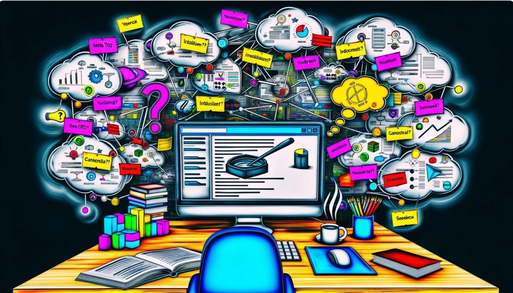Moderne, magazinartige Illustration eines verwirrten WordPress-Admin-Dashboards mit bunten Icons für beliebte SEO-Plugins, über dem Gedankenblasen mit SEO-Elementen und technischen Notizen schweben.