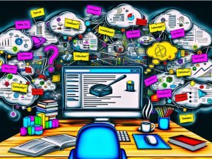 Moderne, magazinartige Illustration eines verwirrten WordPress-Admin-Dashboards mit bunten Icons für beliebte SEO-Plugins, über dem Gedankenblasen mit SEO-Elementen und technischen Notizen schweben.