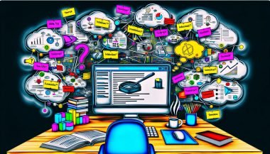 Moderne, magazinartige Illustration eines verwirrten WordPress-Admin-Dashboards mit bunten Icons für beliebte SEO-Plugins, über dem Gedankenblasen mit SEO-Elementen und technischen Notizen schweben.