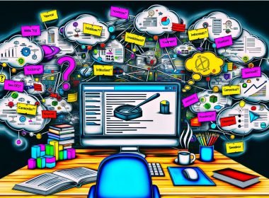 Moderne, magazinartige Illustration eines verwirrten WordPress-Admin-Dashboards mit bunten Icons für beliebte SEO-Plugins, über dem Gedankenblasen mit SEO-Elementen und technischen Notizen schweben.