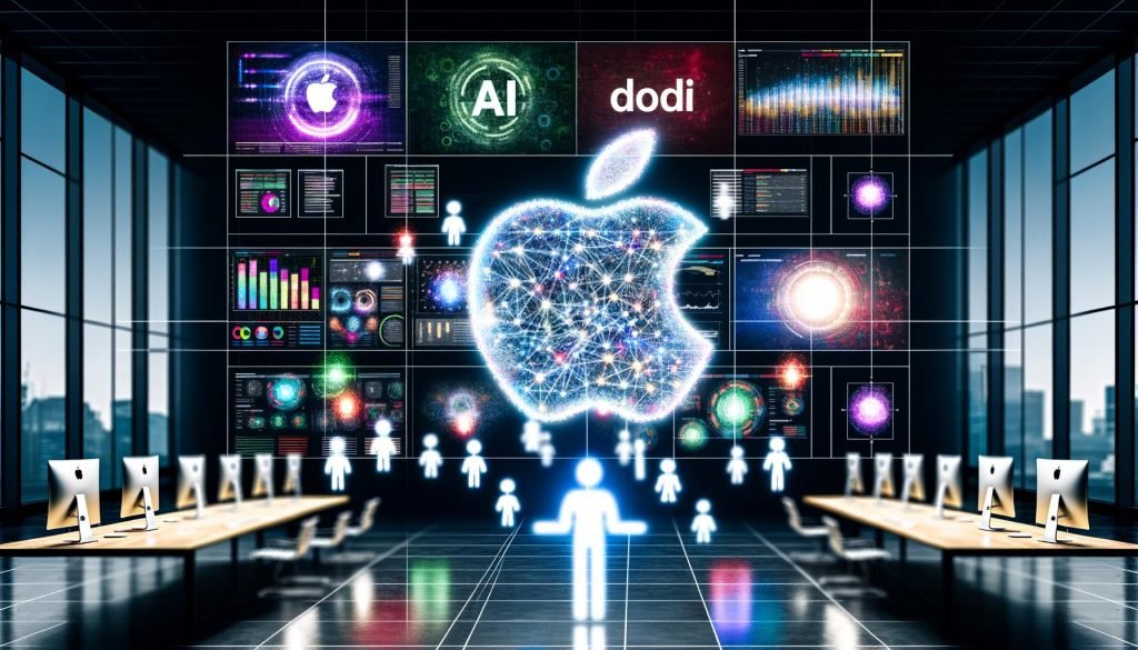 Heller, moderner Newsroom im Apple-Stil mit großen Bildschirmen, die bunte KPI-Charts und Echtzeitdaten zeigen. Im Fokus ein schwebendes Apple-Logo, verbunden mit einem neuronalen Netzwerk, und eine KI-gesteuerte menschliche Silhouette vor dem Dashboard.