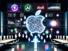 Heller, moderner Newsroom im Apple-Stil mit großen Bildschirmen, die bunte KPI-Charts und Echtzeitdaten zeigen. Im Fokus ein schwebendes Apple-Logo, verbunden mit einem neuronalen Netzwerk, und eine KI-gesteuerte menschliche Silhouette vor dem Dashboard.