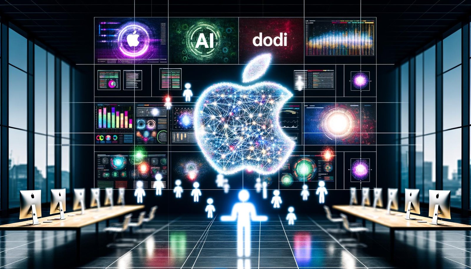 Heller, moderner Newsroom im Apple-Stil mit großen Bildschirmen, die bunte KPI-Charts und Echtzeitdaten zeigen. Im Fokus ein schwebendes Apple-Logo, verbunden mit einem neuronalen Netzwerk, und eine KI-gesteuerte menschliche Silhouette vor dem Dashboard.
