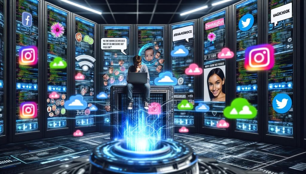 Junger Data Scientist in futuristischem Maschinenraum mit großen Bildschirmen, Memes, Datengrafiken, Social Media Symbolen und Neonlichtern.