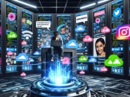 Junger Data Scientist in futuristischem Maschinenraum mit großen Bildschirmen, Memes, Datengrafiken, Social Media Symbolen und Neonlichtern.