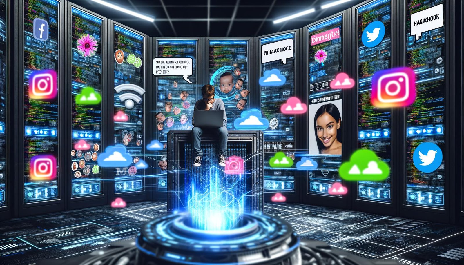 Junger Data Scientist in futuristischem Maschinenraum mit großen Bildschirmen, Memes, Datengrafiken, Social Media Symbolen und Neonlichtern.