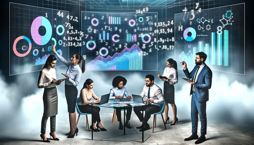 Diverse Geschäftsleute analysieren bunte Diagramme und KPIs auf einem transparenten Screen im futuristischen Büro, diskutieren und notieren Insights rund um einen runden Tisch.