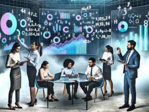 Diverse Geschäftsleute analysieren bunte Diagramme und KPIs auf einem transparenten Screen im futuristischen Büro, diskutieren und notieren Insights rund um einen runden Tisch.
